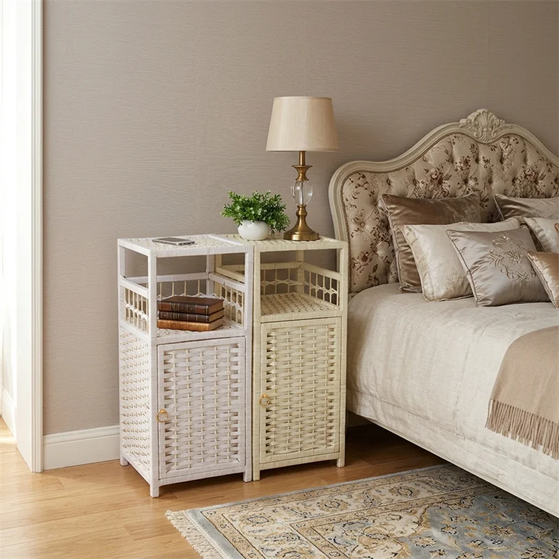 Vintage Handwoven Nightstand Bedroom Natural Wicker Small Storage Organizer Drawers Compact Design Living Room Couch Side Table