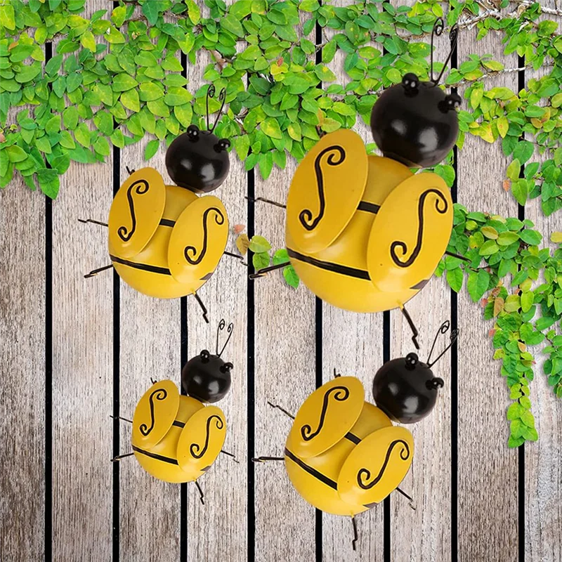 ABBN-Metal Bee Wall Decor Outdoor Garden Fence Decor 3D Bumble Bee Wall Art Decoration Bee Wall Art Sculpture Hanging, 4 Pcs - view 5