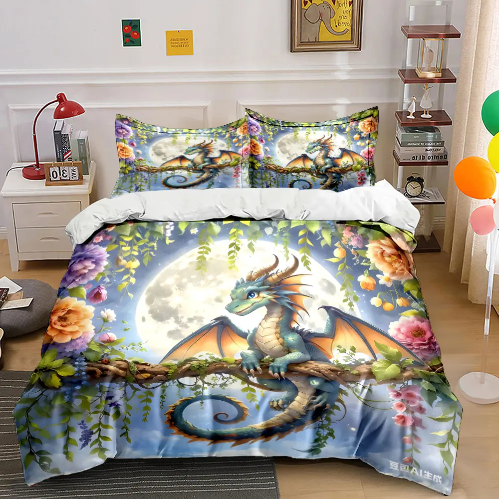 Fantasy Dragon on Floral Branch  kid's and adults' bedroom decor, Exquisite three-piece bedding set gift