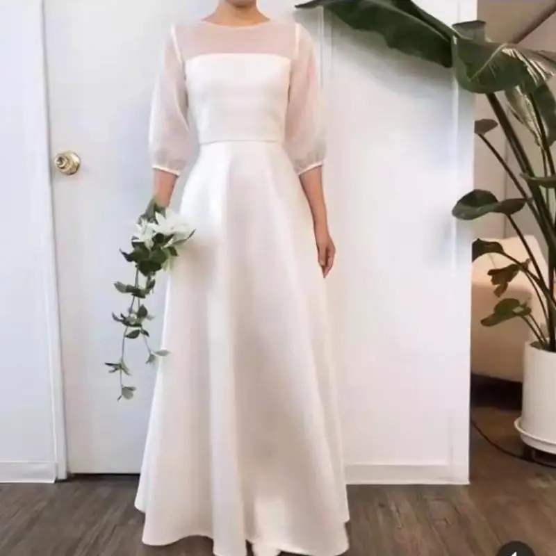 

Classic O-neck A Line Wedding Dress New Satin Women Vestidos De Novia With Illusion Half Sleeves Simple Long Vestiti Da Sposa