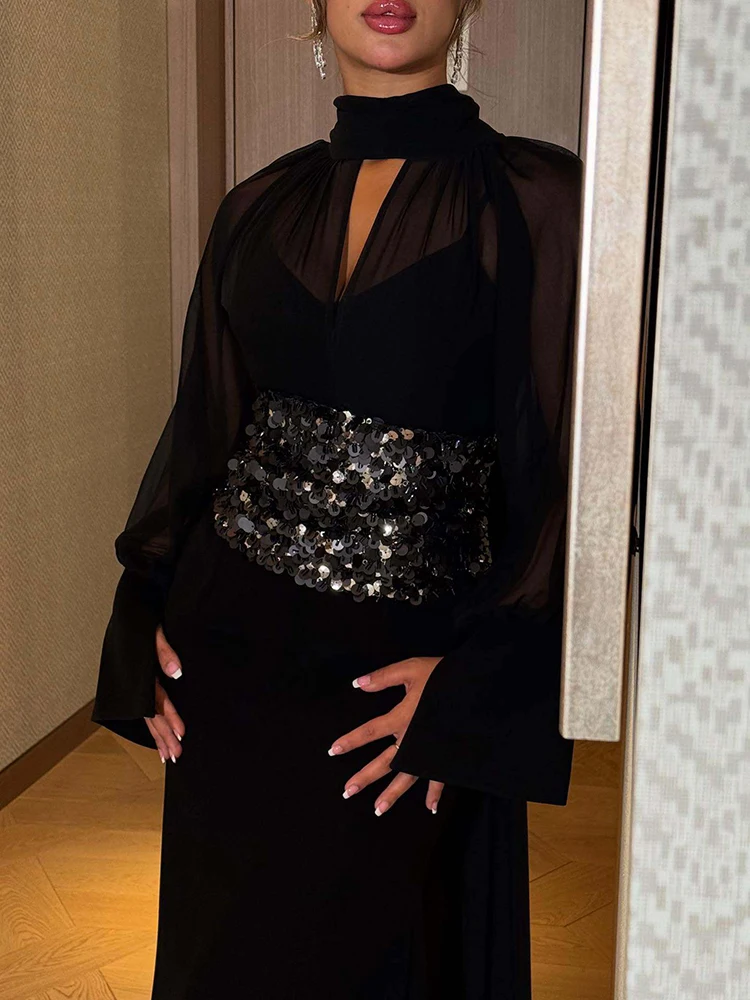 Outono inverno nova cor sólida chiffon vestido elegante oco para fora manga longa vestido de noite temperamento oco para fora vestidos de lantejoulas