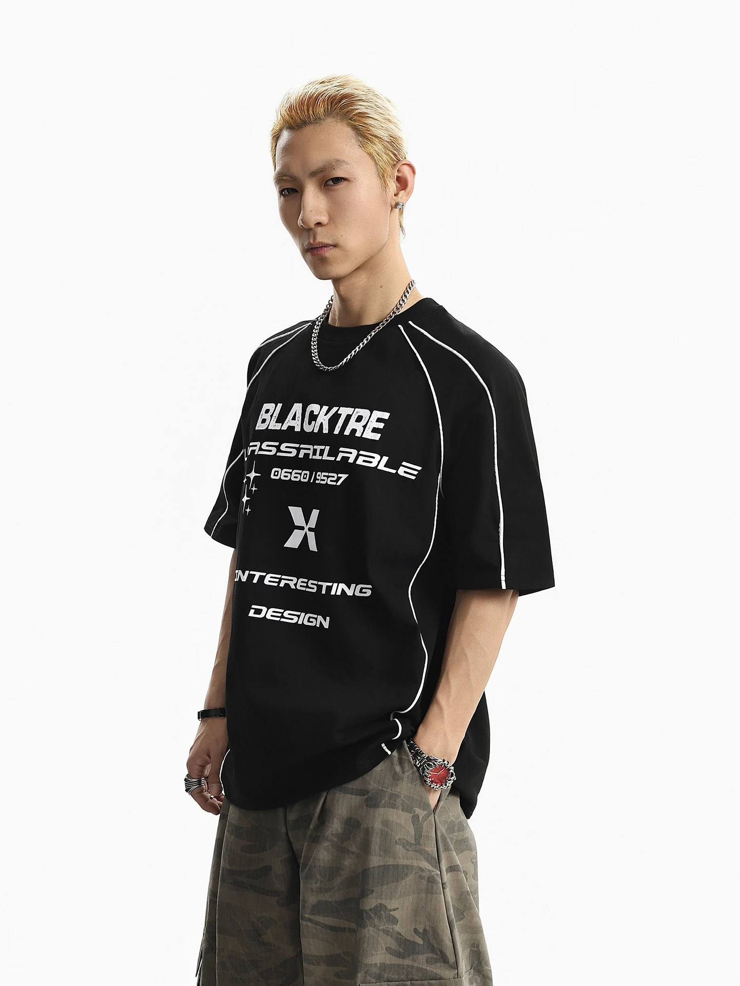 BETEBULE American High Street Letter Print Deconstructed round Neck Short Sleeve Men's Summer Trend Loose Half Sleeve Top