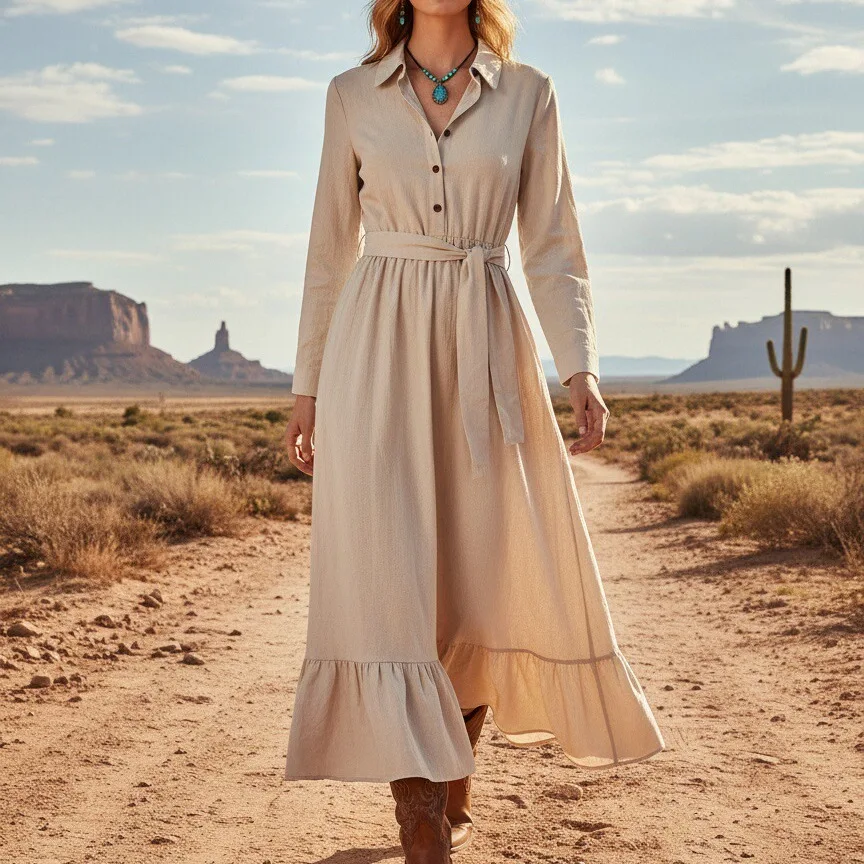 

2025 Новое модное богемное длинное хлопково-льняное платье с длинными рукавами в европейском и американском стиле в стиле ретро