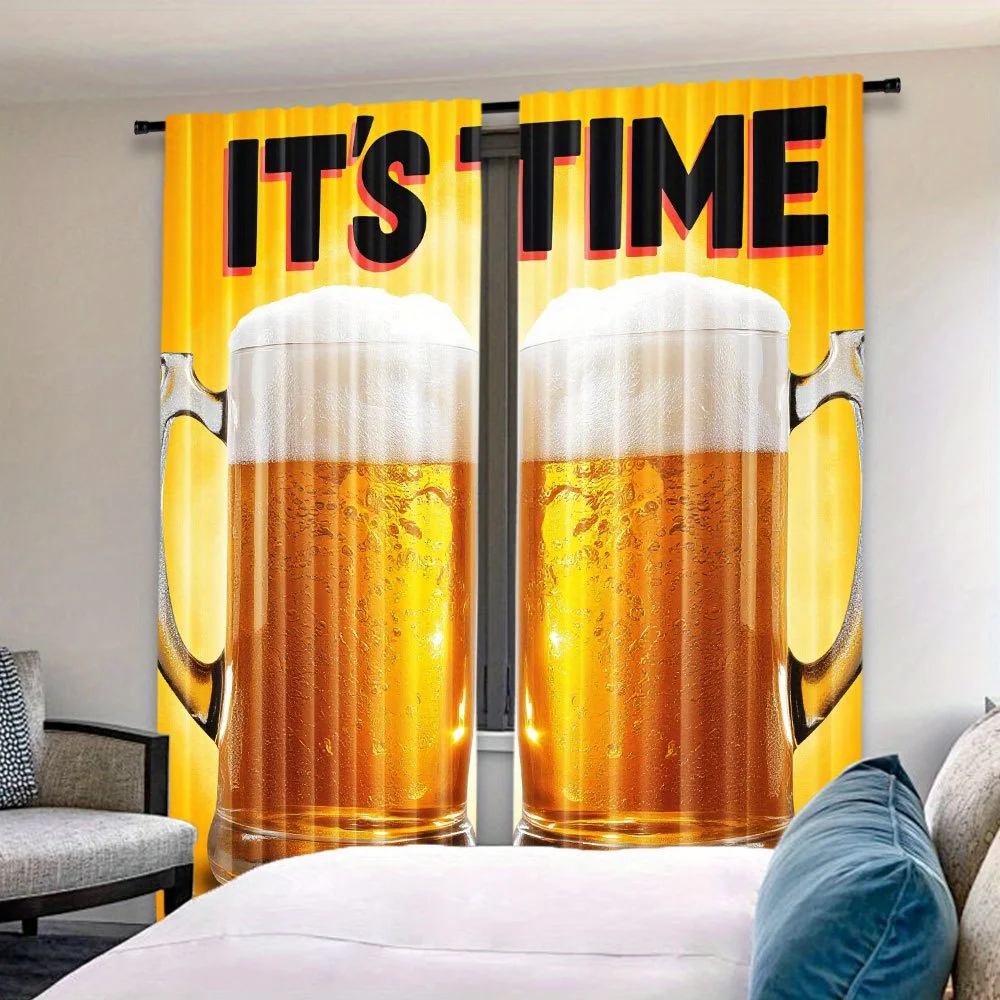 Beer Curtains Bar Decor Funny Window Drapes with IT'S TIME Slogan and Beer Mugs Print for Game Room Pub Party Theme Home Decor