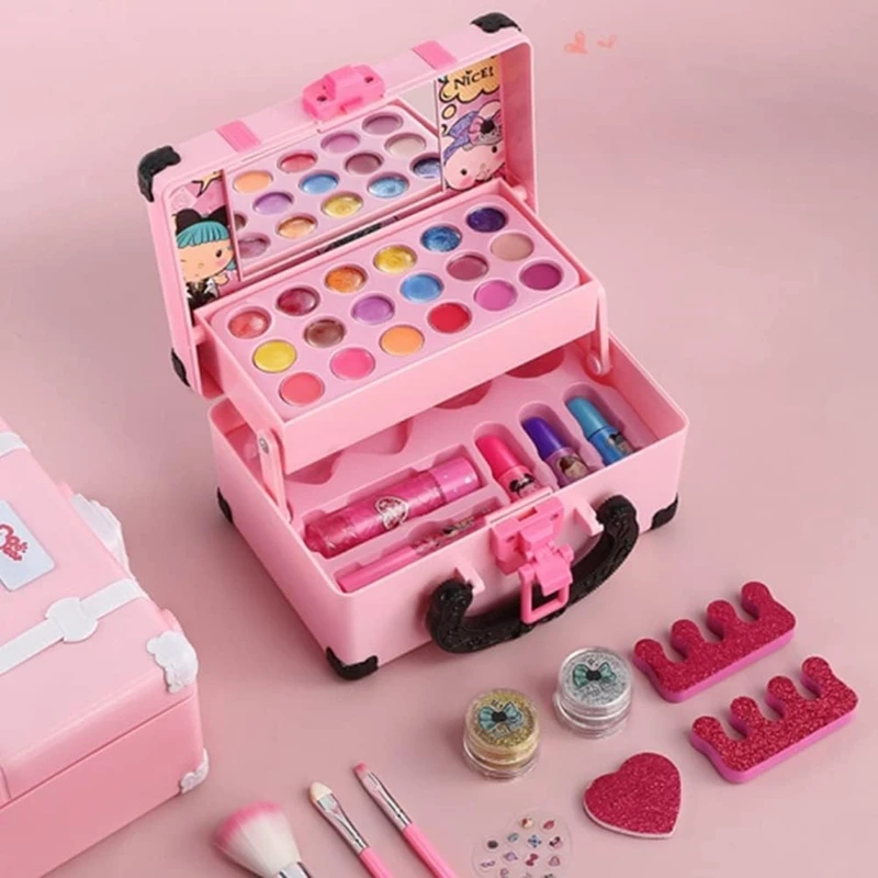 Kit trucco per bambini per ragazza giocattolo cosmetico Set di bellezza rossetto ombretto con scatola trucco portatile Set di giocattoli per il trucco per bambini