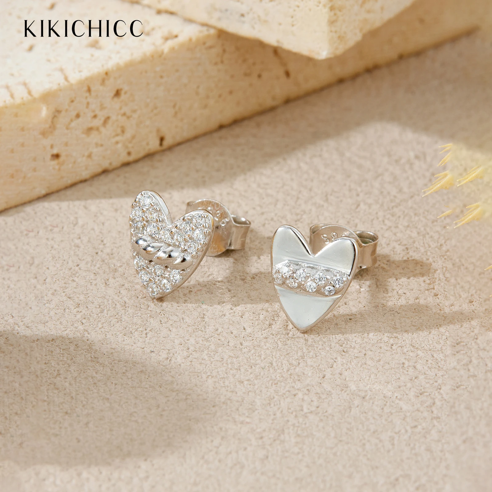 

KIKICHICC 925 Sterling Silver Asymmetric Heart Zircon CZ Stud Earrings Fashion Fine Jewelry Gift for Women Daily Wear