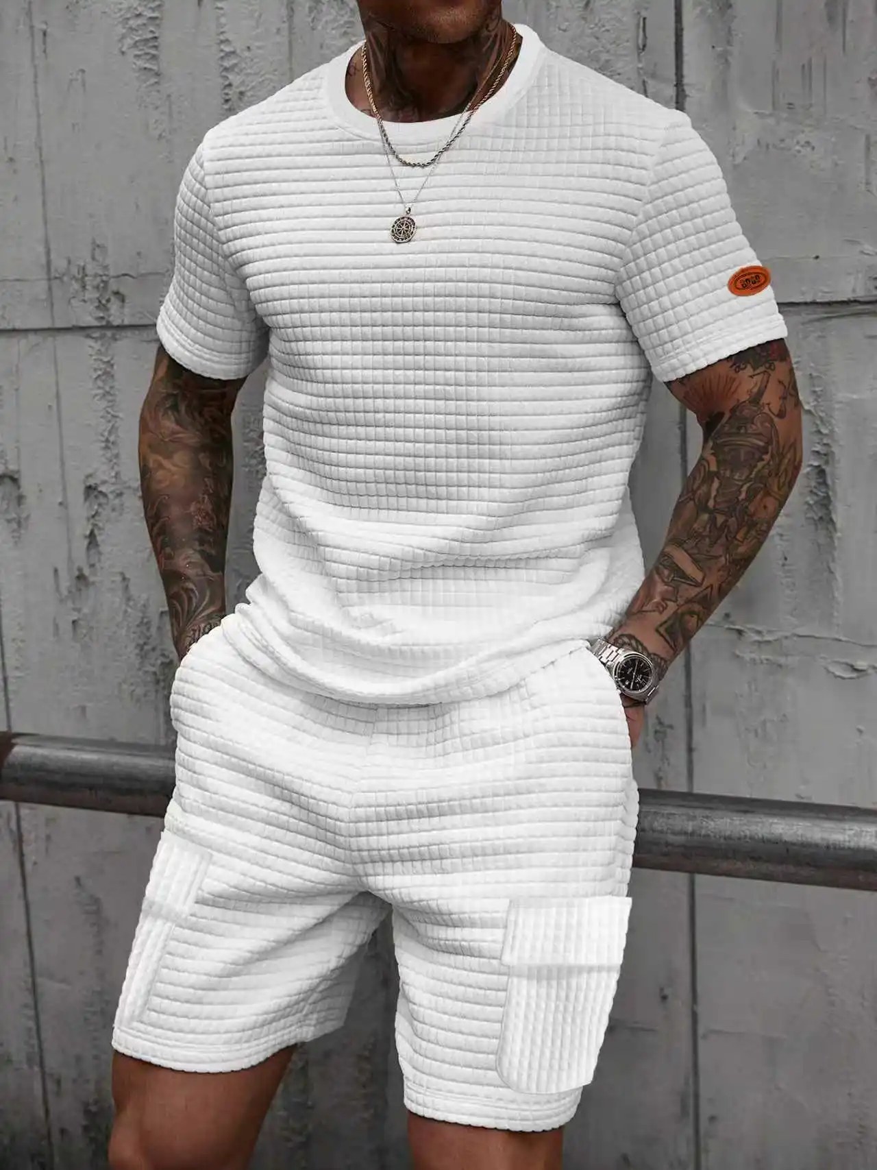 

Men's sports suit solid color round neck pullover plaid T-shirt+pants two-piece set