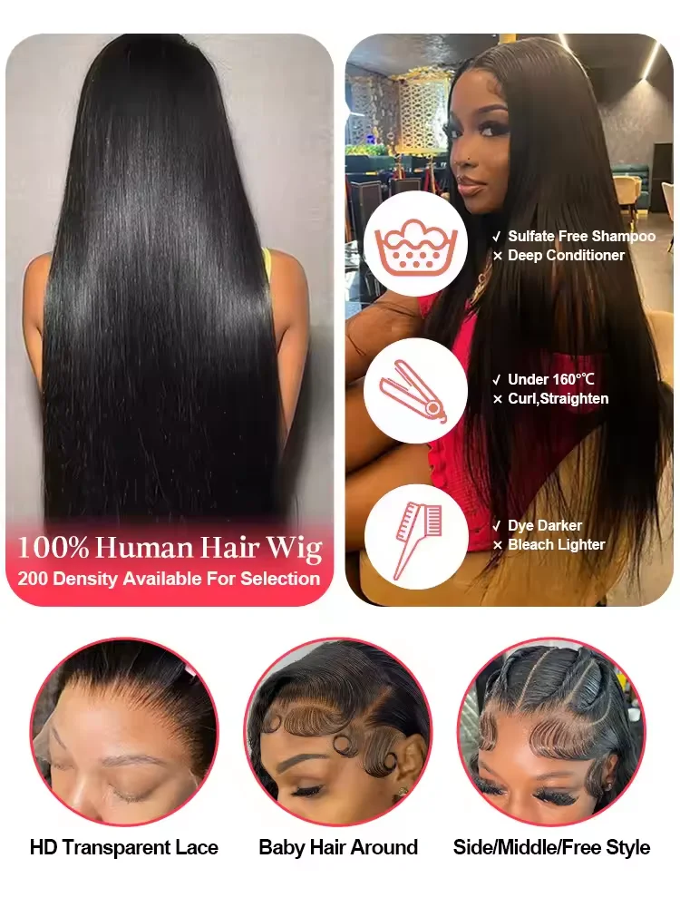 42 بوصة 13x4 الدانتيل الجبهة الباروكات شعر الإنسان قبل قطعها للنساء 200 الكثافة مستقيم الدانتيل الباروكات الأمامية شعر الإنسان مع شعر الطفل #3