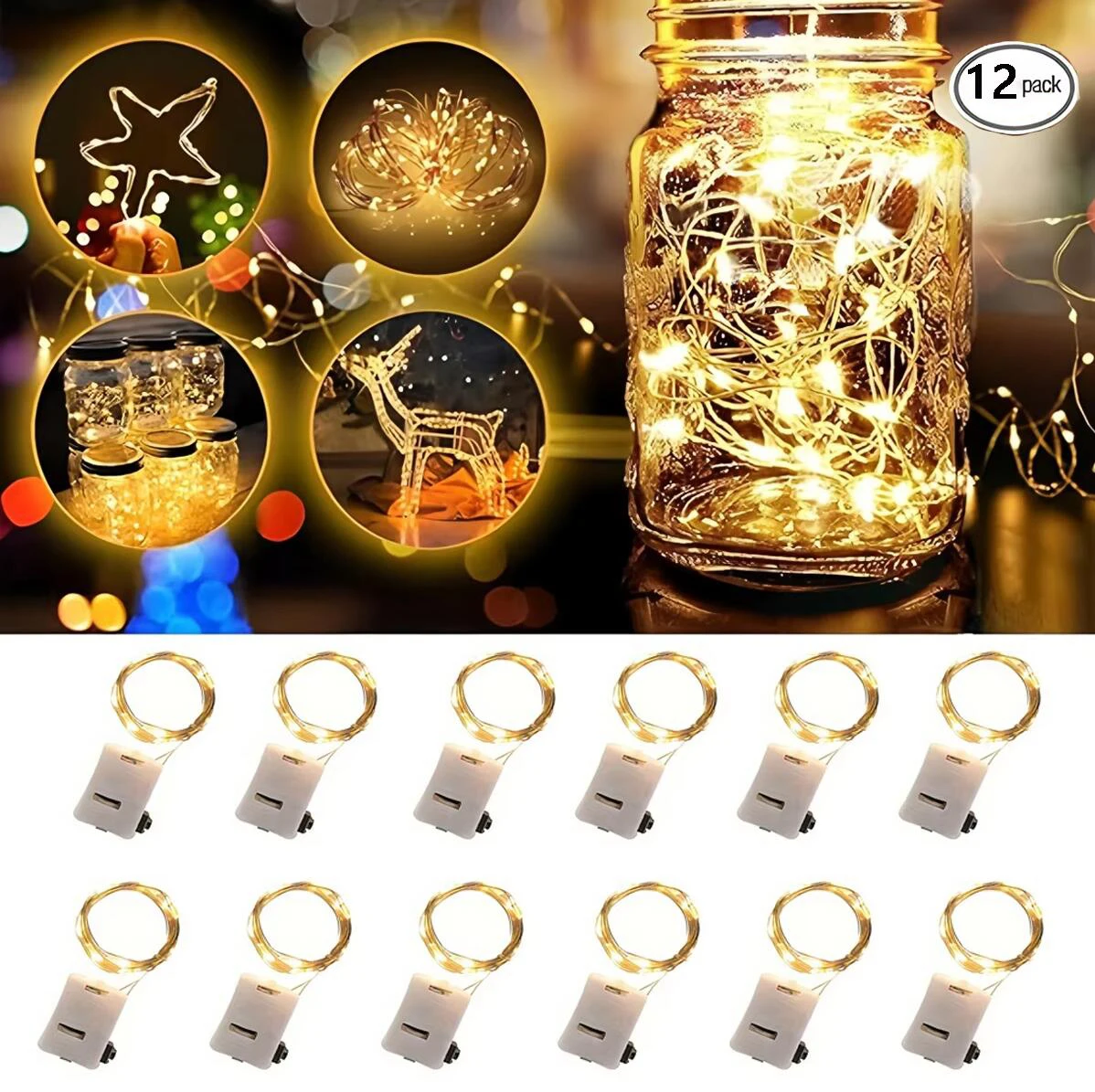 12pcs LED Fairy Light, 3 Lighting Modes, Silvery Wire Fairy Lights, Button Battery Powered, String Lights for DIY Decoration