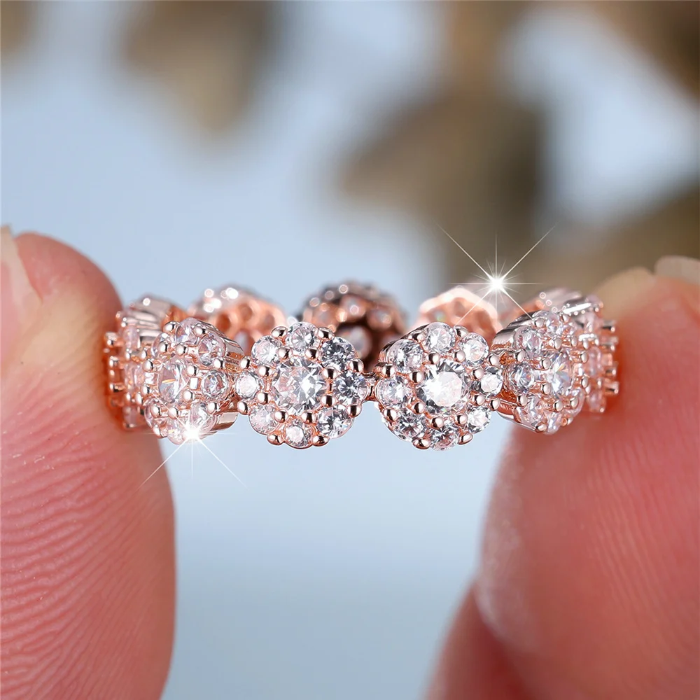 Charm Female White Zircon Stone Round Ring Vintage Rose Gold Silver Color Wedding Band Jewelry For Women