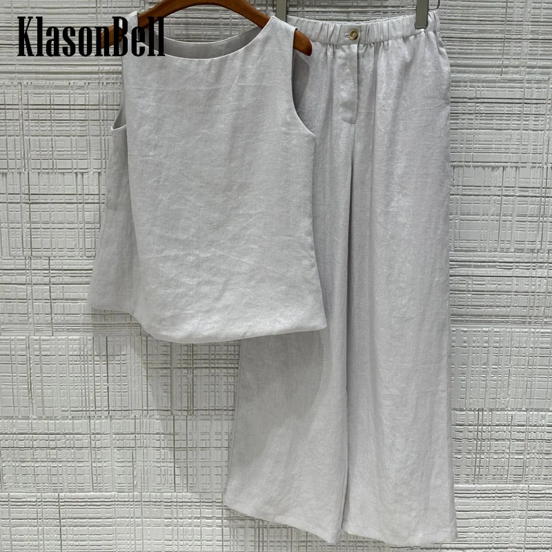 

6.24 KlasonBell Women Fashion Simple O-Neck Shoulder Twist Kink Tank Top Or Elastic Waist Straight Wide Leg Pants Linen Set