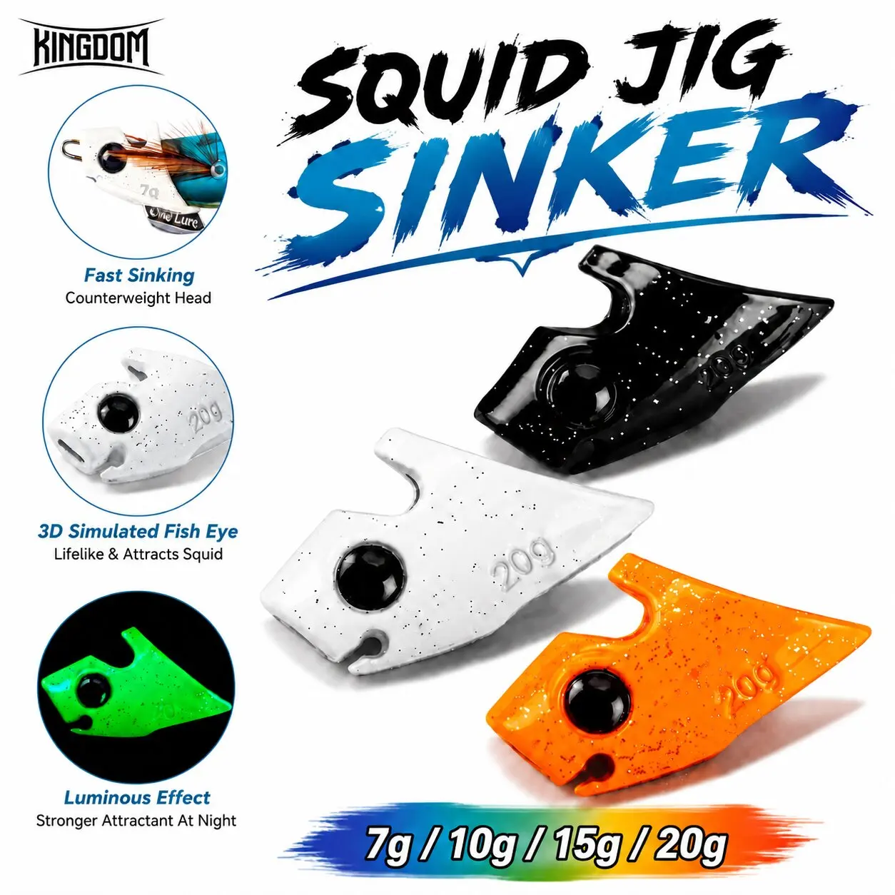Plomos Luminosos Kingdom Squid Jig Sinker de 7g, 10g, 15g, 20g, 2 Unidades por Paquete, Accesorios de Pesca para Pulpo y Calamar