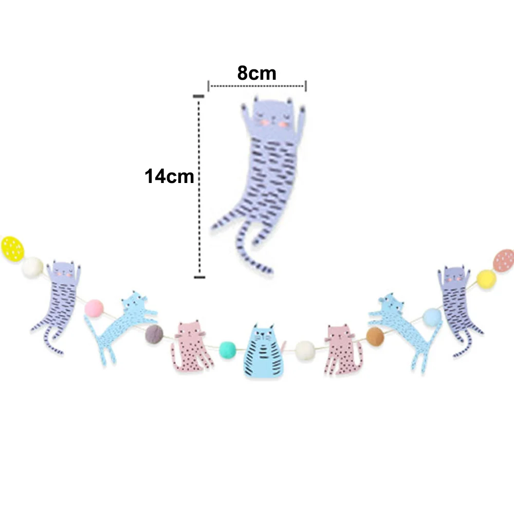 Cat Theme Party Supplies Pet Cat Happy Birthdays Banners Colorful Felt Ball Garlands Kids Birthday Party Hanging Decorations