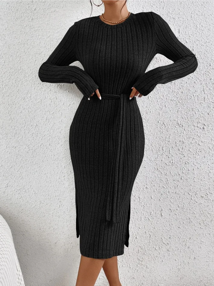 

Dress Women Elegant Long Dresses Beautiful Evening Party Dress Autumn Knitwear Round Neck Slit Hem Slim Waist Long Skirt