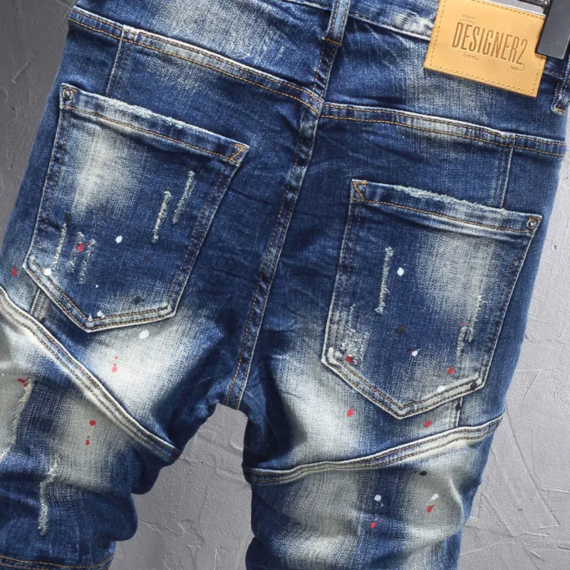 Street Fashion Men Jeans Retro Washed Blue Stretch Slim Fit Ripped Jeans Men Spliced Designer Hip Hop Vintage Denim Pants Hombre