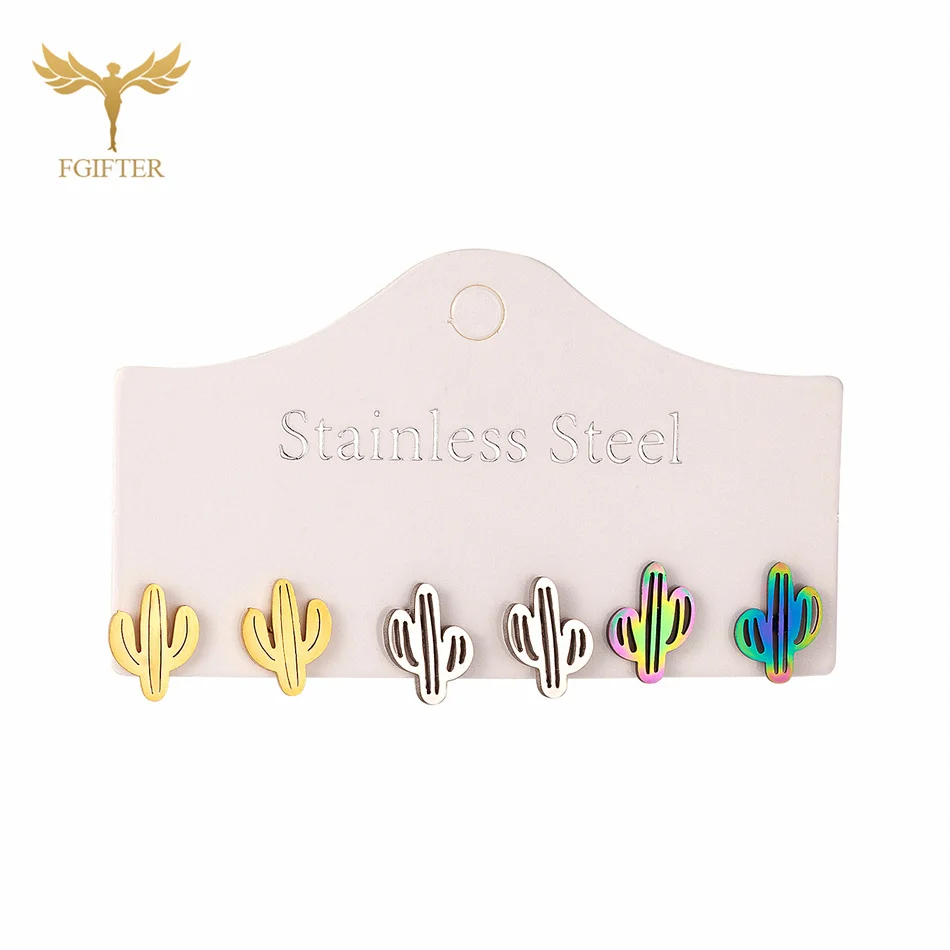 Desert Cactus Earrings 3 Pairs Set Small Stainless Steel Stud Earrings for Girls Women Ear Piercing Jewelry Accessories