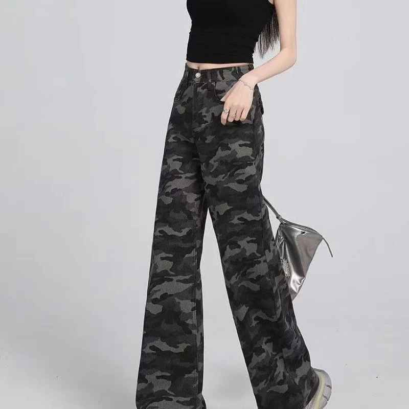

2025 New Vintage Camouflage Wide Leg Jeans American Style High Waist Loose Casual Full Length Straight Cut Women's Trousers