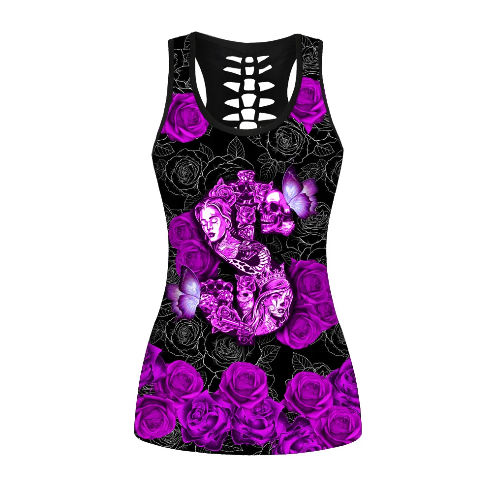 Summer Sexy Hollow Out Vest Halloween Skull Purpel Rose Leaf Prints Elastic Fitness Gym Sport Workout Beach Tank Tops for Women