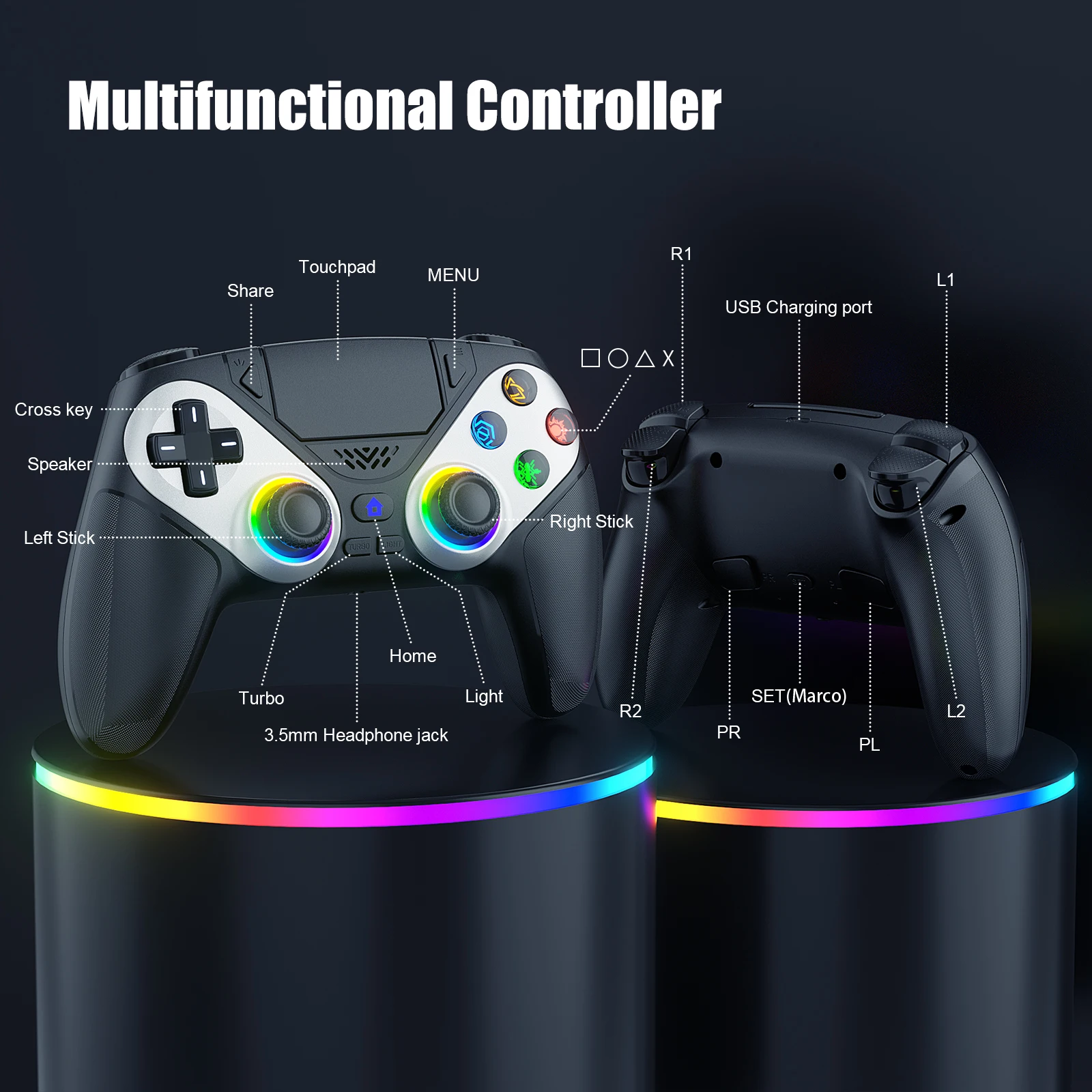 وحدة تحكم لـ PS5/Playstion 5 Pro/Slim/PC وحدة تحكم لوحة ألعاب لاسلكية عصا تحكم ألعاب RGB أضواء توربو لوحة اللمس قاعة الزناد الروك