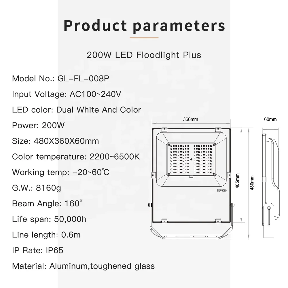 Projecteur de Paysage Intelligent Étanche pour Jardin, Éclairage d'Extérieur, Haute Puissance, 200W