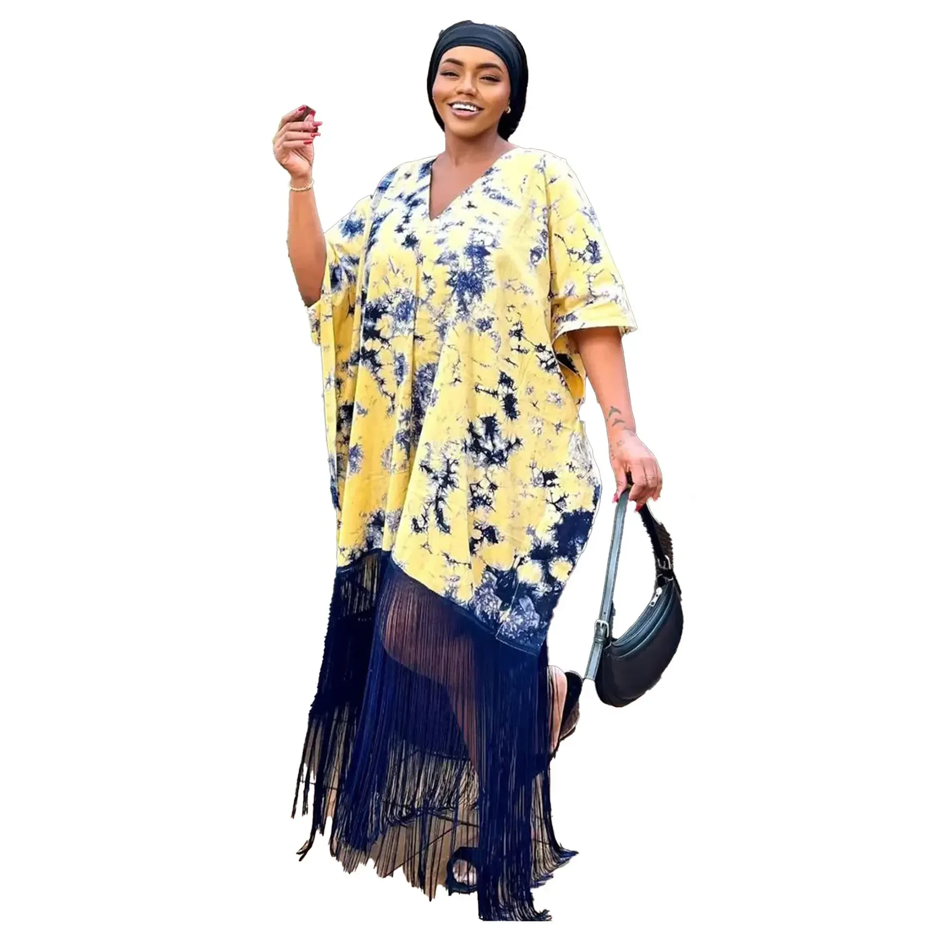 Africa Clothing Plus Size Dashiki African Dresses for Women Autumn Half Sleeve V-neck Polyester Tassel Long Maxi Dress Outfits