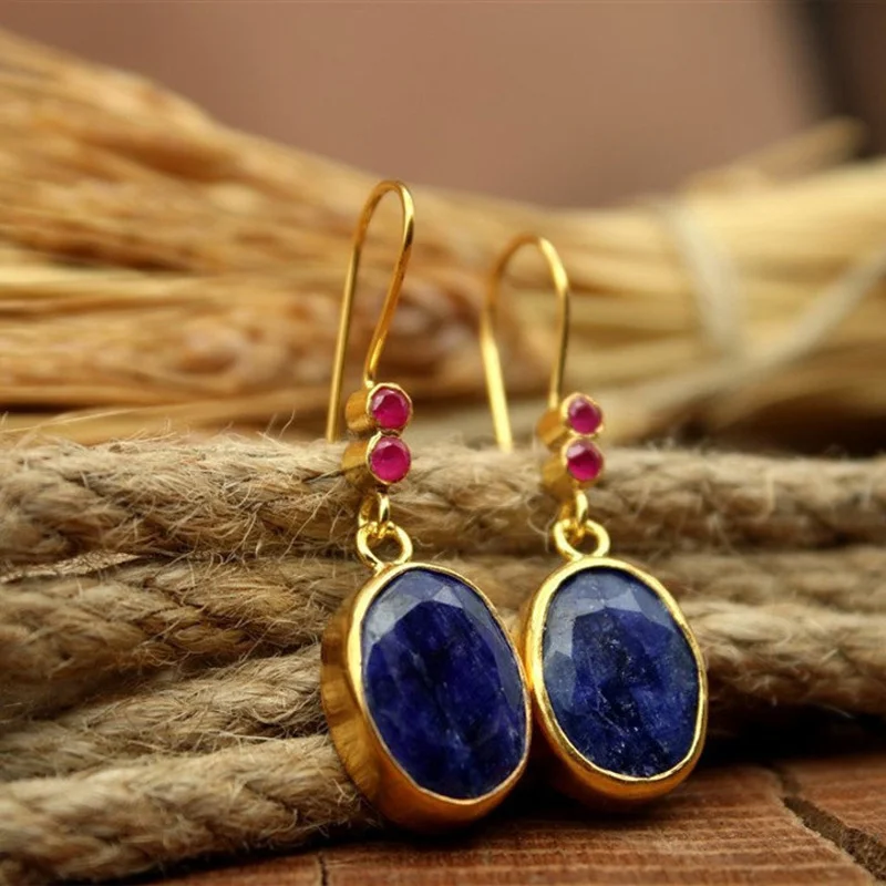 Bohemian women's Earrings Vintage Jewelry Fashionable Waterdrop Blue Stone Pendant Accessories