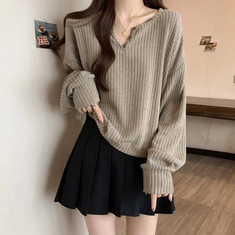 

Горячий базовый слой с V-образным воротником, весенне-осенняя и зимняя верхняя одежда, свободная мода для отдыха, базовый слой в рубчик с нитью, допамин, новый стиль