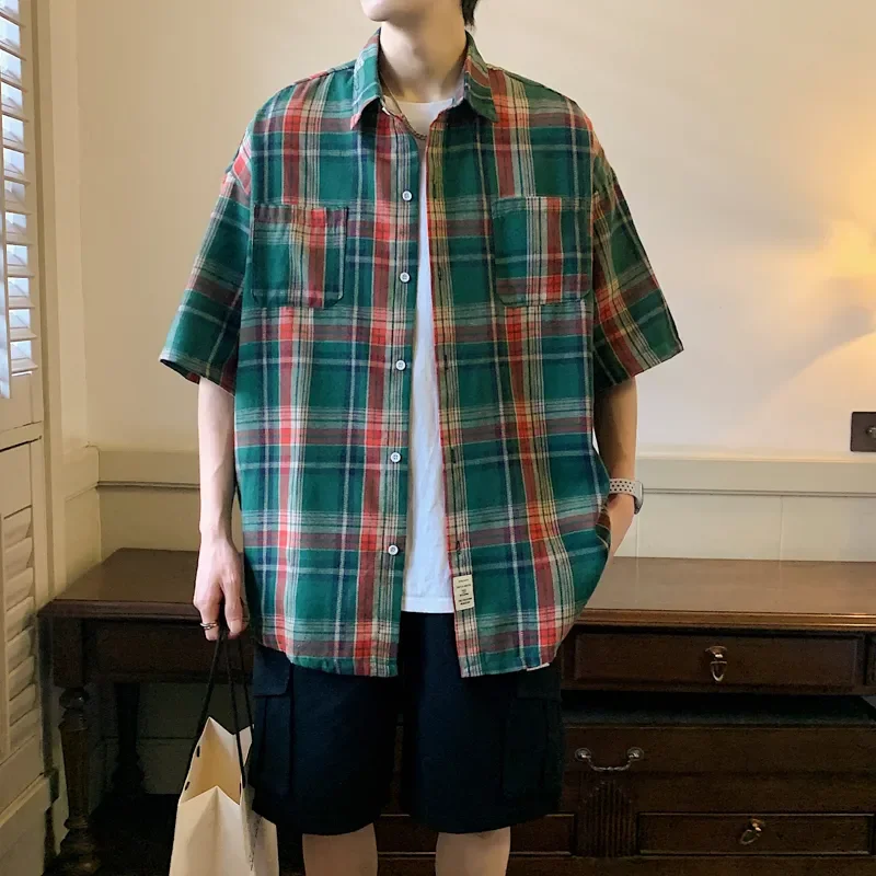 

Men's Vintage Plaid Short Sleeve Shirt Plus Size Loose Casual Button Down Shirt