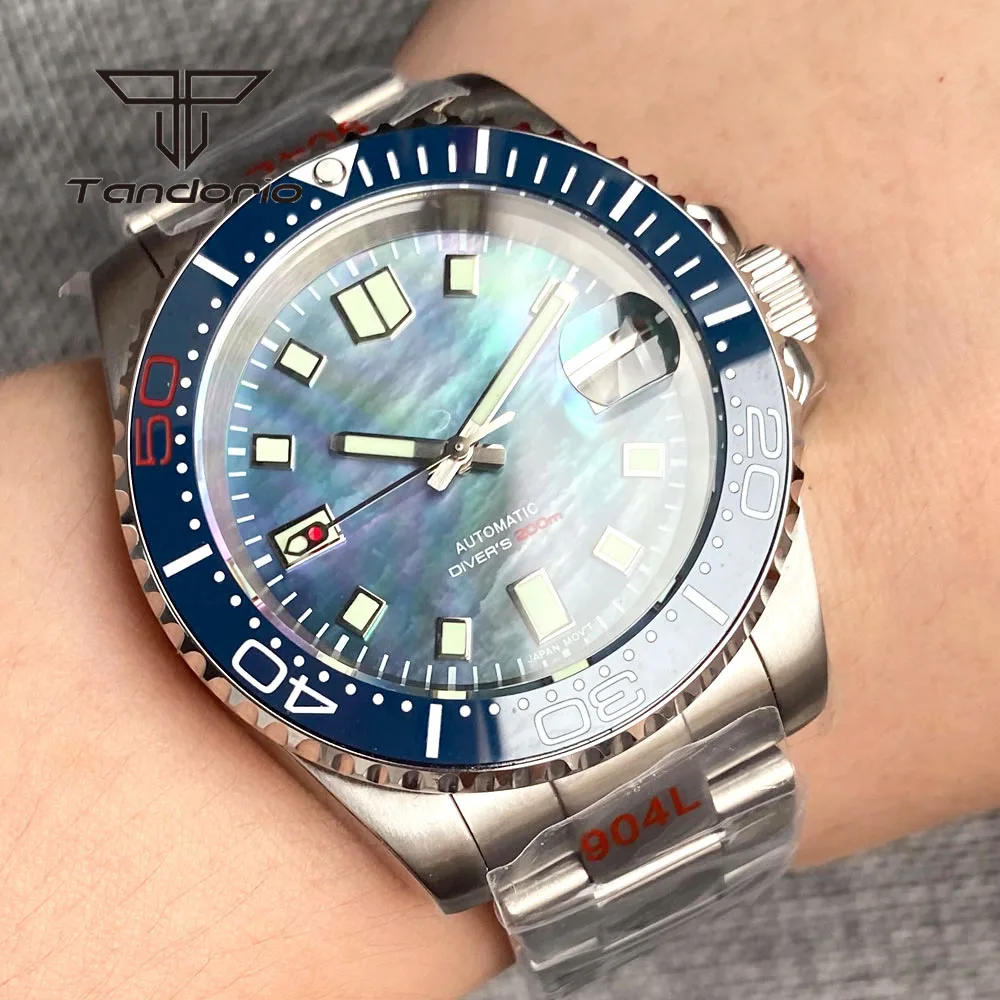 Tandorio 40mm 200m NH35A Fashion Automatic Men\'s Dive Watch Shiny Mother of Pearl Dial Sapphire Glass Rotating Bezel Glide Clasp