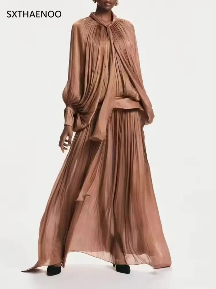 

SXTHAENOO Elegant Dress Lace-up Batwing Sleeve Pleated Backless Solid Color Women's Evening Party Dresses 2025 Summer New