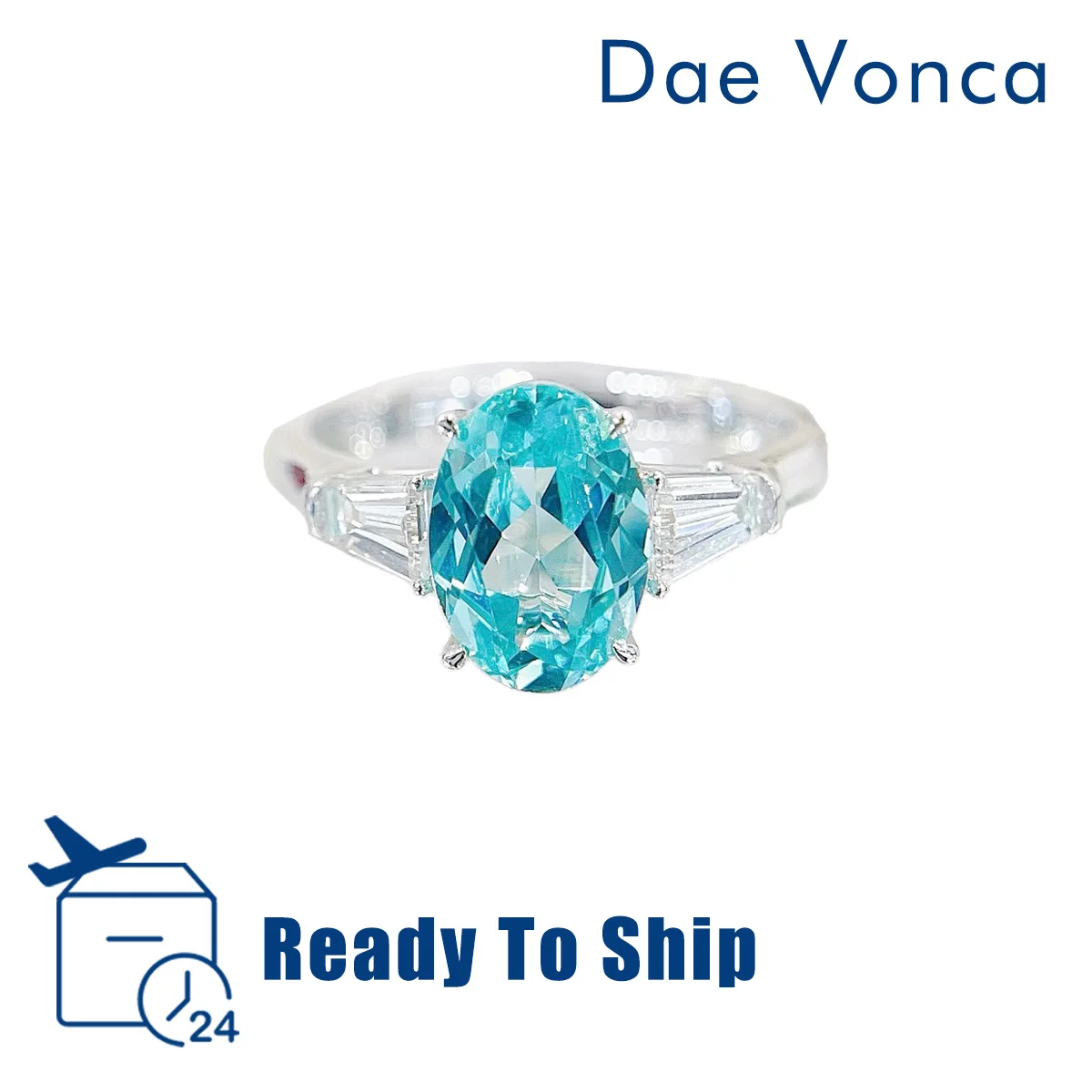 

Trapezoid Three-stones Style Lab Grown Paraiba Gemstone Ring 18K White Gold Prong Setting Oval Solitaire Paraiba Tourmaline Ring