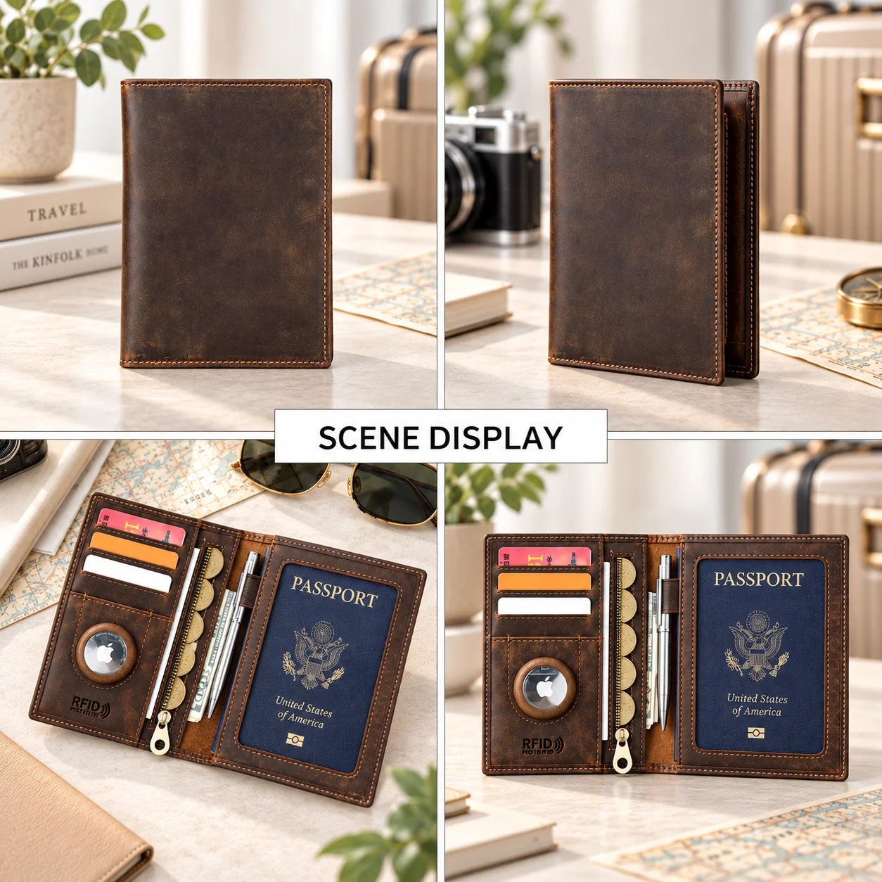CONTACT'S Passport Wallet Genuine Leather Men Fashion RFID Credit Card Holder Money Clip Women Travel Anti-lost AirTag Wallets