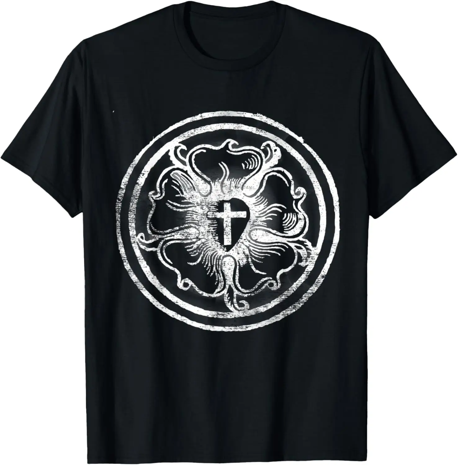 

Martin Luther Rose Lutheran Symbol Distressed Chalk 5 Solas T-Shirt