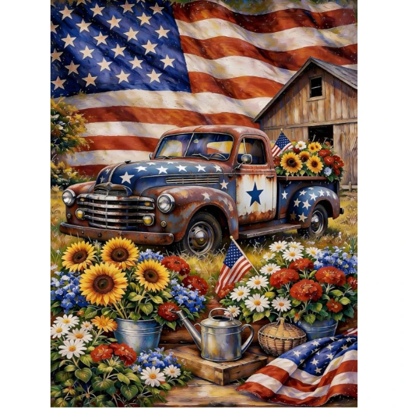 DIY Patriotic Farm Truck Diamond Painting, Eye-catching Rustic Country Art For Living Room Wall Decoration Exquisite Gift