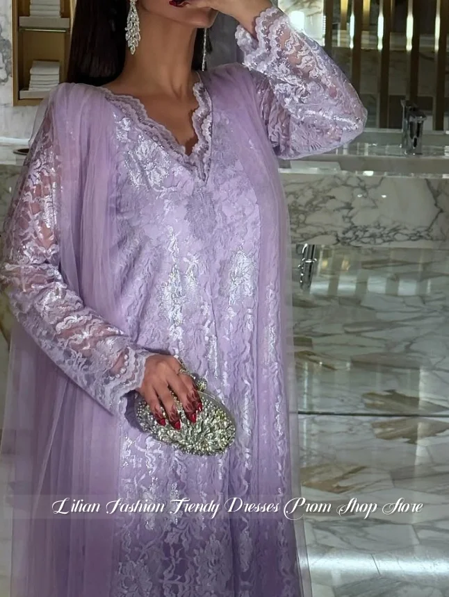 Customized Soft Lavender Sheer Tulle Overlay Formal Outfit Full Length Silver Thread Floral Lace Arabic Henna Ceremony Kaftan Dr