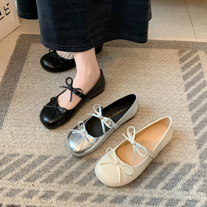 

Womens Black Silver Beige Multi Color Square Toe Mary Jane Flats With Bow Soft Leather Comfortable Casual Office Daily Wear Shoe