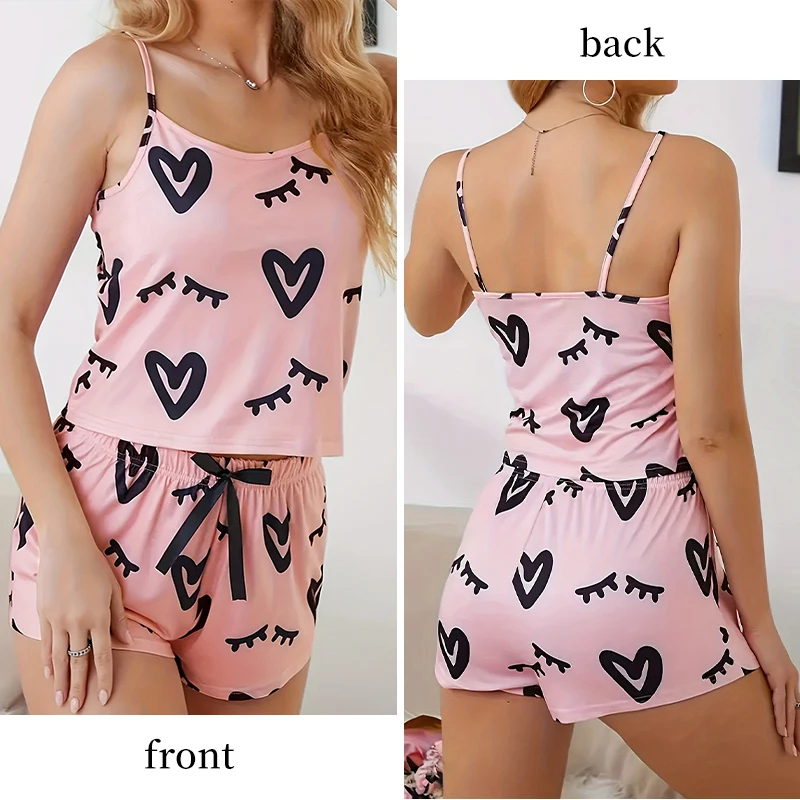 Summer Hot Selling Pink Print Pattern U-Neck Suspender Sleeveless Top and Bow Decorative Shorts Women\'s Sexy Pajamas Home Set