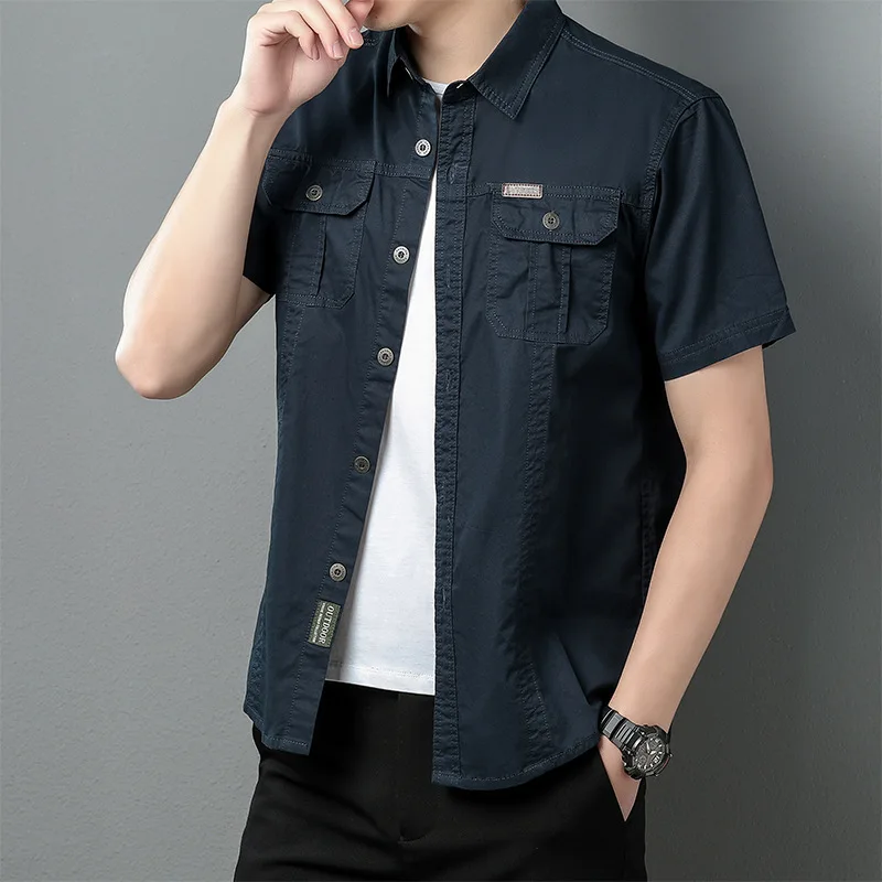 Men'sNew Summer Thin Short Sleeve Shirt Jacket Men's Solid Color Casual Cotton Outdoor Working Shirt Top