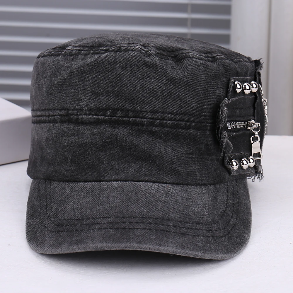 

Fashionable Rivet Zipper Decorated Artistic Retro Casual Solid Color Versatile Breathable Flat Top Hat