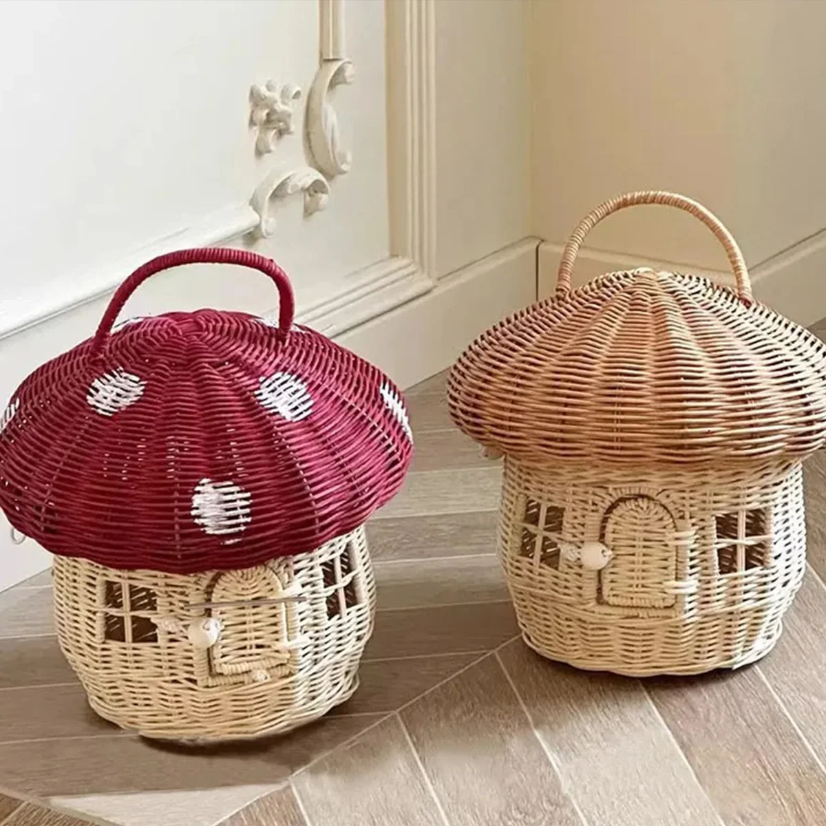 Rattan Tote Bag Woven Rattan Basket Handmade Mushroom Children Room Decoration Tote Toy Sundry Storage Bag Flower Girl Basket