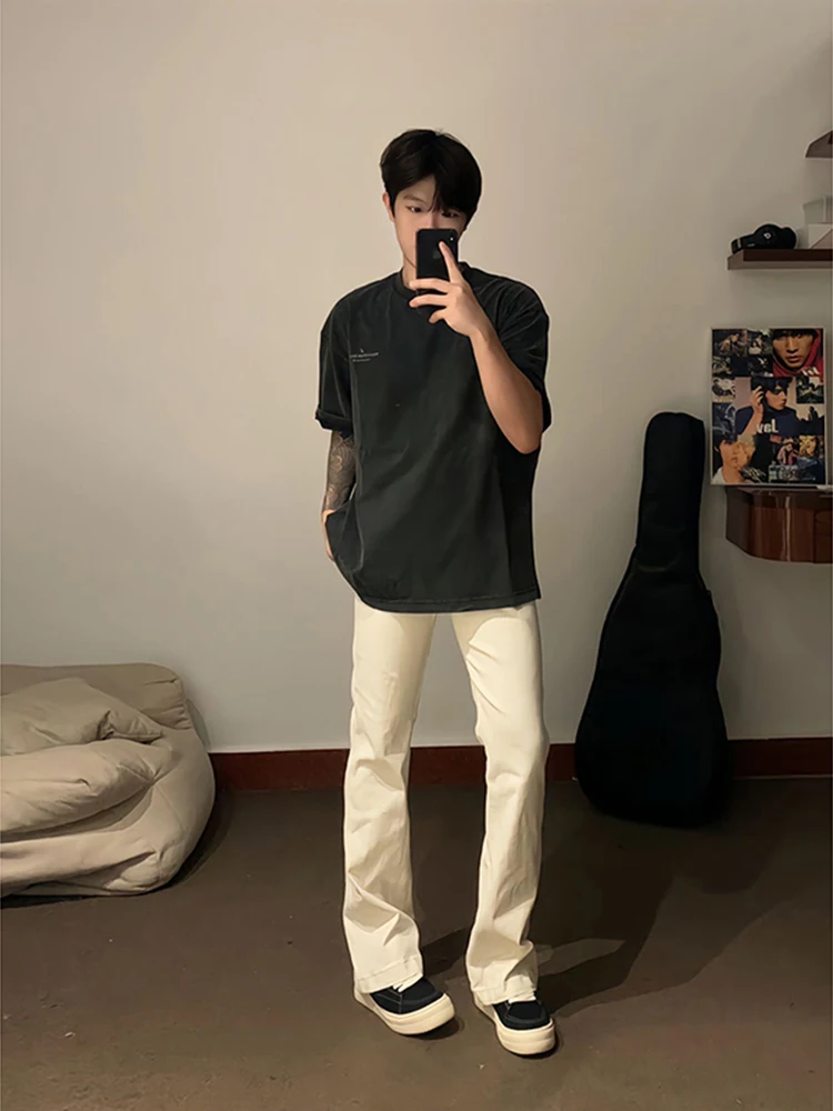 

White Flared Casual Men's Jeans Spring Autumn American High Street Vibe Straight Leg Pants Wear Resistant Cotton Polyester Blend