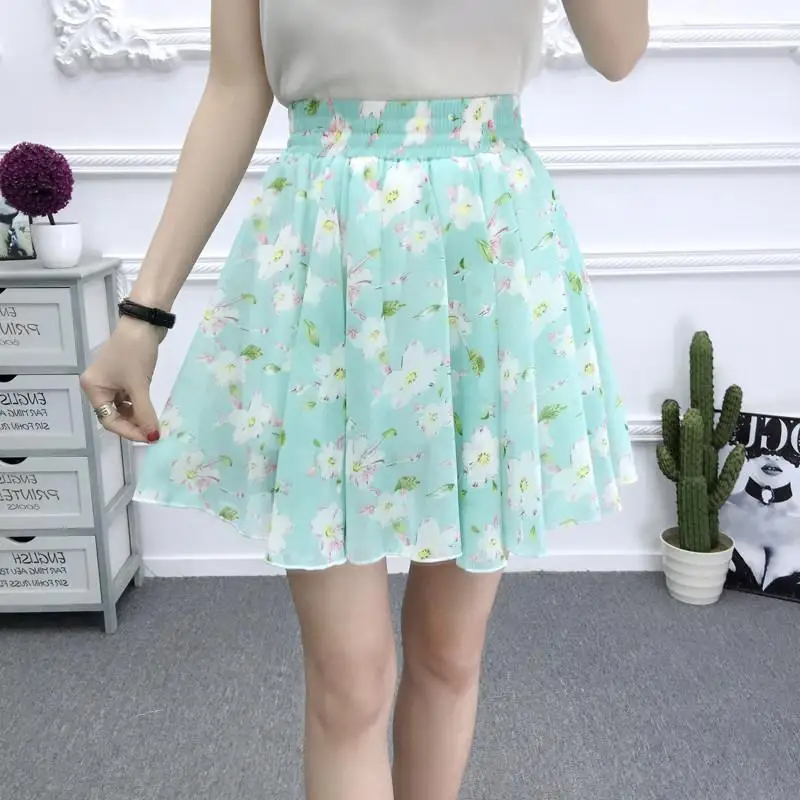 Women\'s Floral Skirt Chiffon Korean Vintage High-waisted Sexy White Polka Dot Summer A-line Mini Skirts for Women Fashion Short