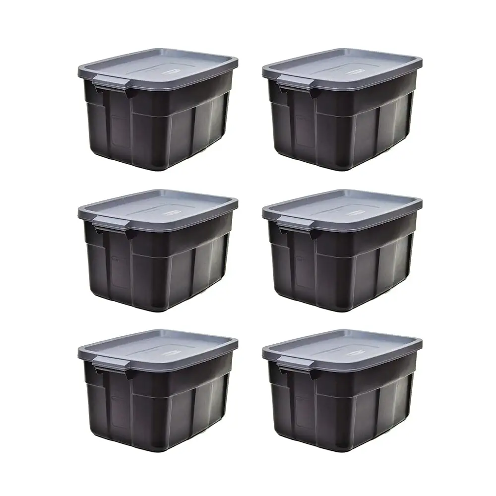 

Roughne Tote 14 Gal, 6 Pack, Made In Usa, Bla & Gray, Rugged Plastic Stackable Storage Bins With Lids And Handles