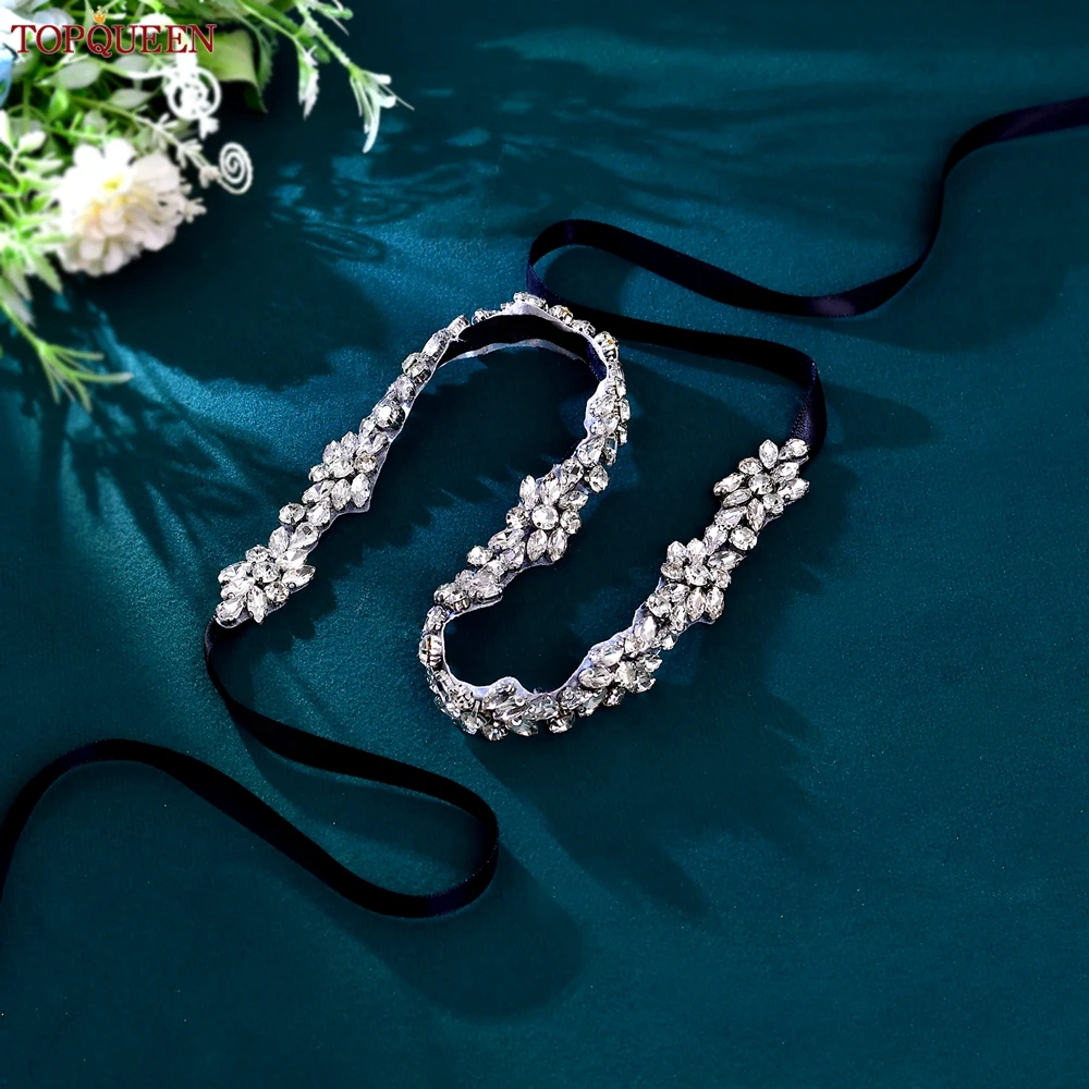 TOPQUEEN Bridal Sash with Rhinestone Applique Sash for Wedding Dress Jeweled Thin Bridal Belts Party Shiny Bridesmaid Belt S437