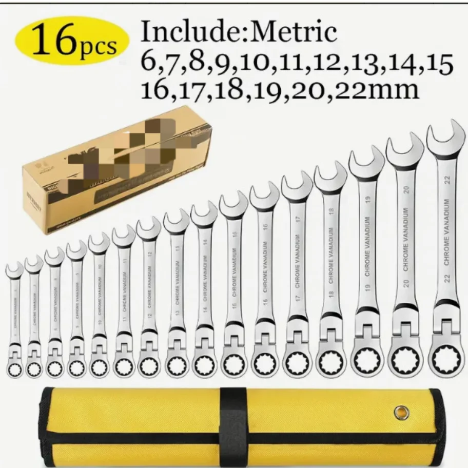 

Ratcheting Combination Wrench Set, 6-23mm Metric Flex Head Ratcheting Wrench, Chrome Vanadium Steel Spanner with Bag
