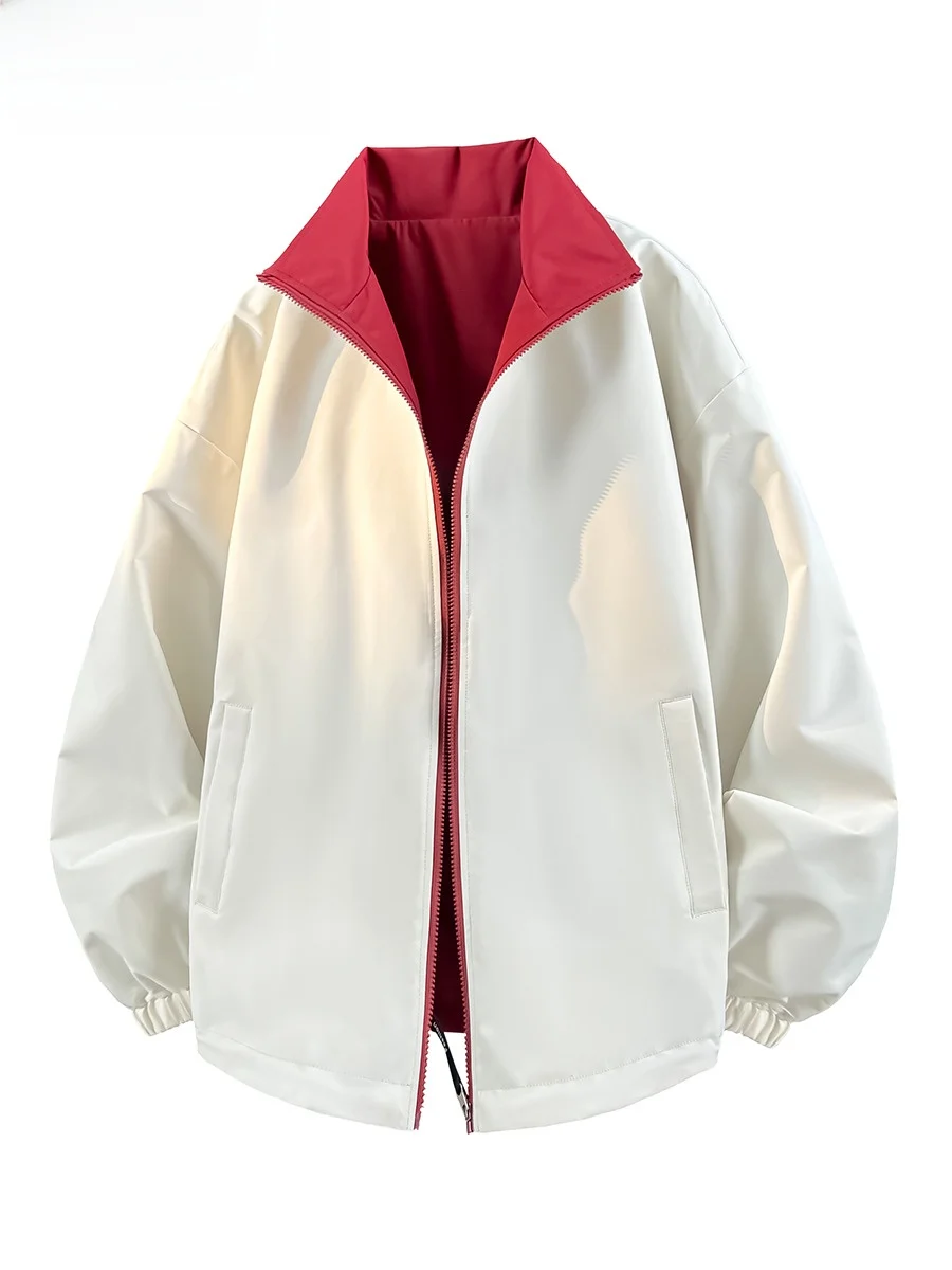 

Двусторонняя одежда, повседневная свободная посадка с воротником-стойкой, мужская куртка для пар, весна-осень, модная универсальная рисовая мужская одежда...