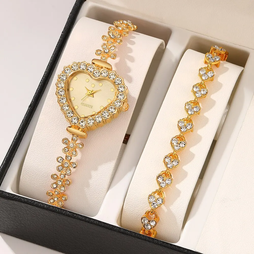 2PCS Set Women Luxury Business Watches Casual Rhinestone Bracelet Ladies Heart Dial Quartz Wristwatches Dress Clock Montre Femme