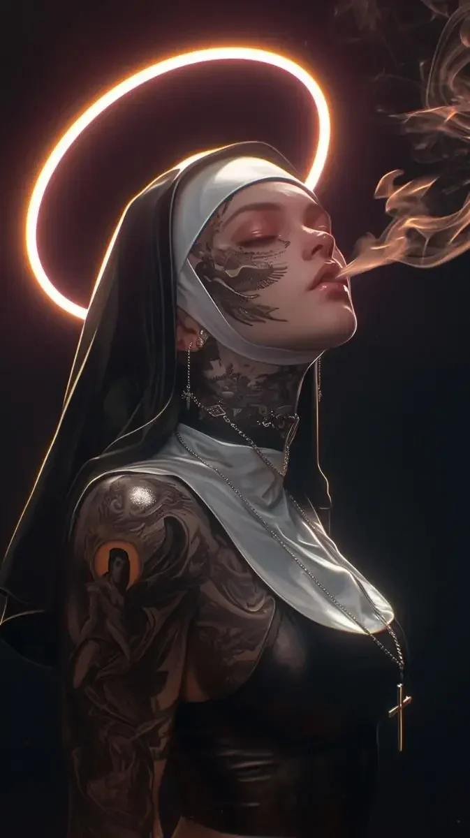 Sexy Tattoo Machine Gun Nun Poster Print Christian Smoking Nun Canvas Painting Living Room Background Wall Home Decoration