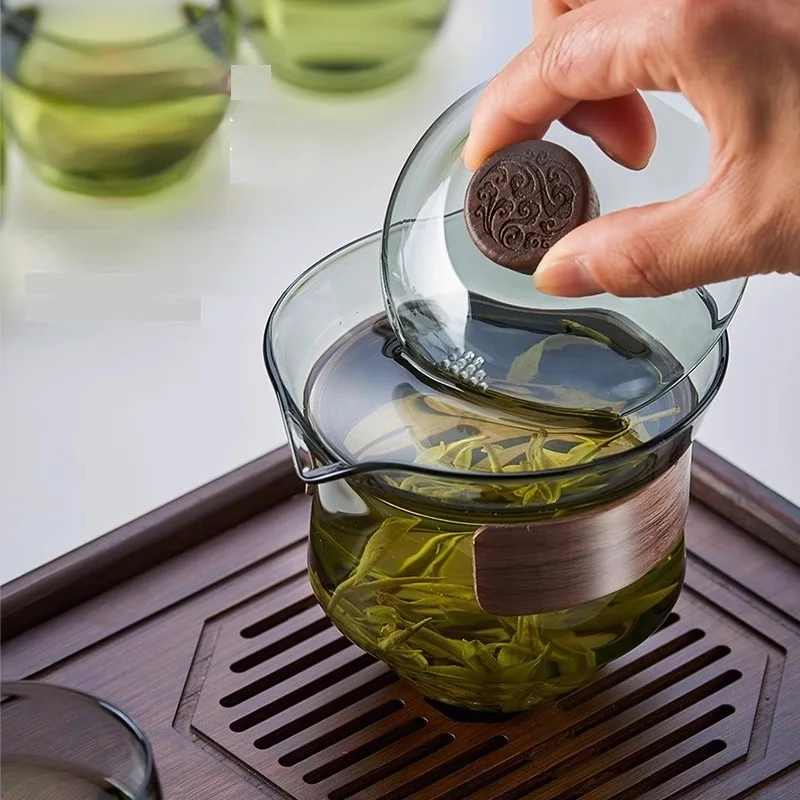 GIANXI Glass Teapot Home Chinese Anti Scalding Puer Tea Kung Fu Tea Set Bamboo Quick Drain Storage Water Tea Tray