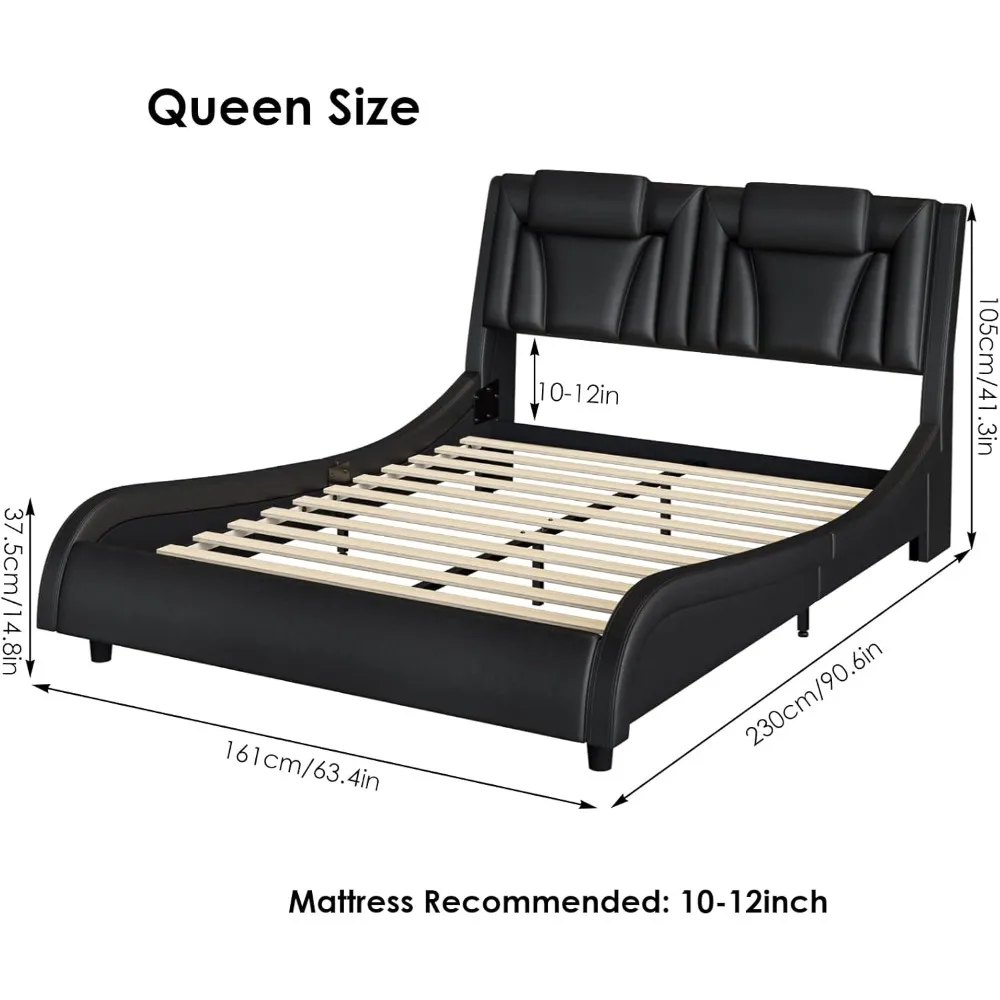 Queen Bed Frame with Adjustable LED Headboard, Wave Curve Design and Wood Slat Support, No Springs Required, Platform Bed Frame